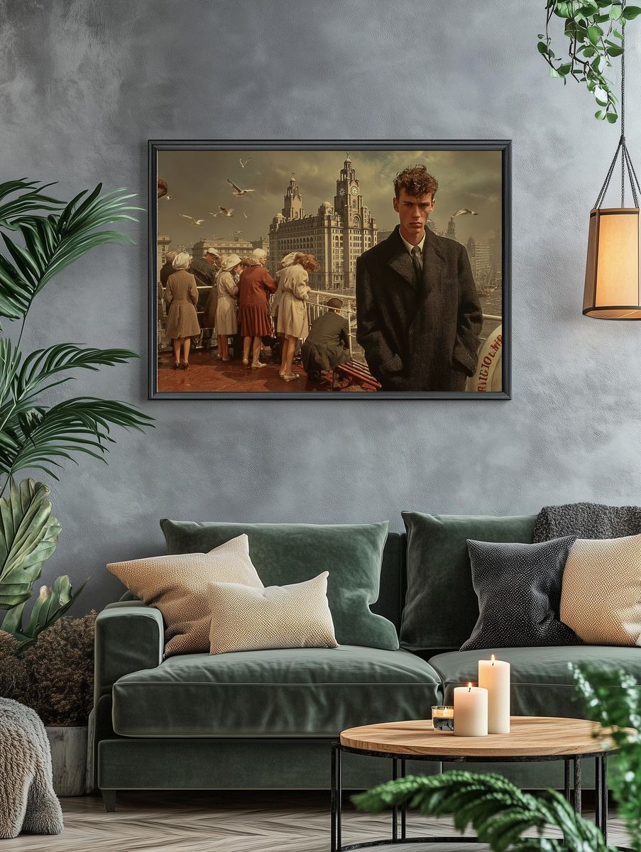 Vintage Cityscape with Man — Fine Art Print. — room view 4