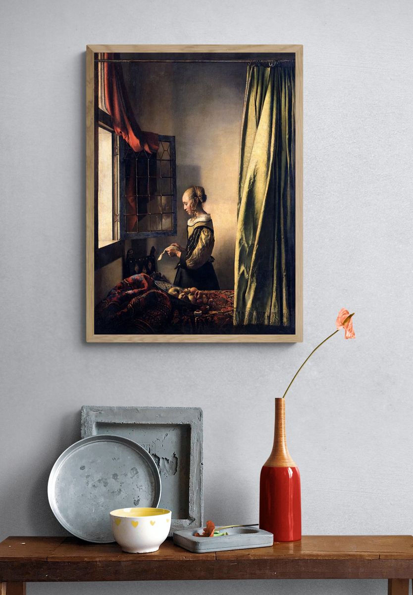 Girl Reading by Johannes Vermeer (ca. 1659) — Art Print. — room view 3
