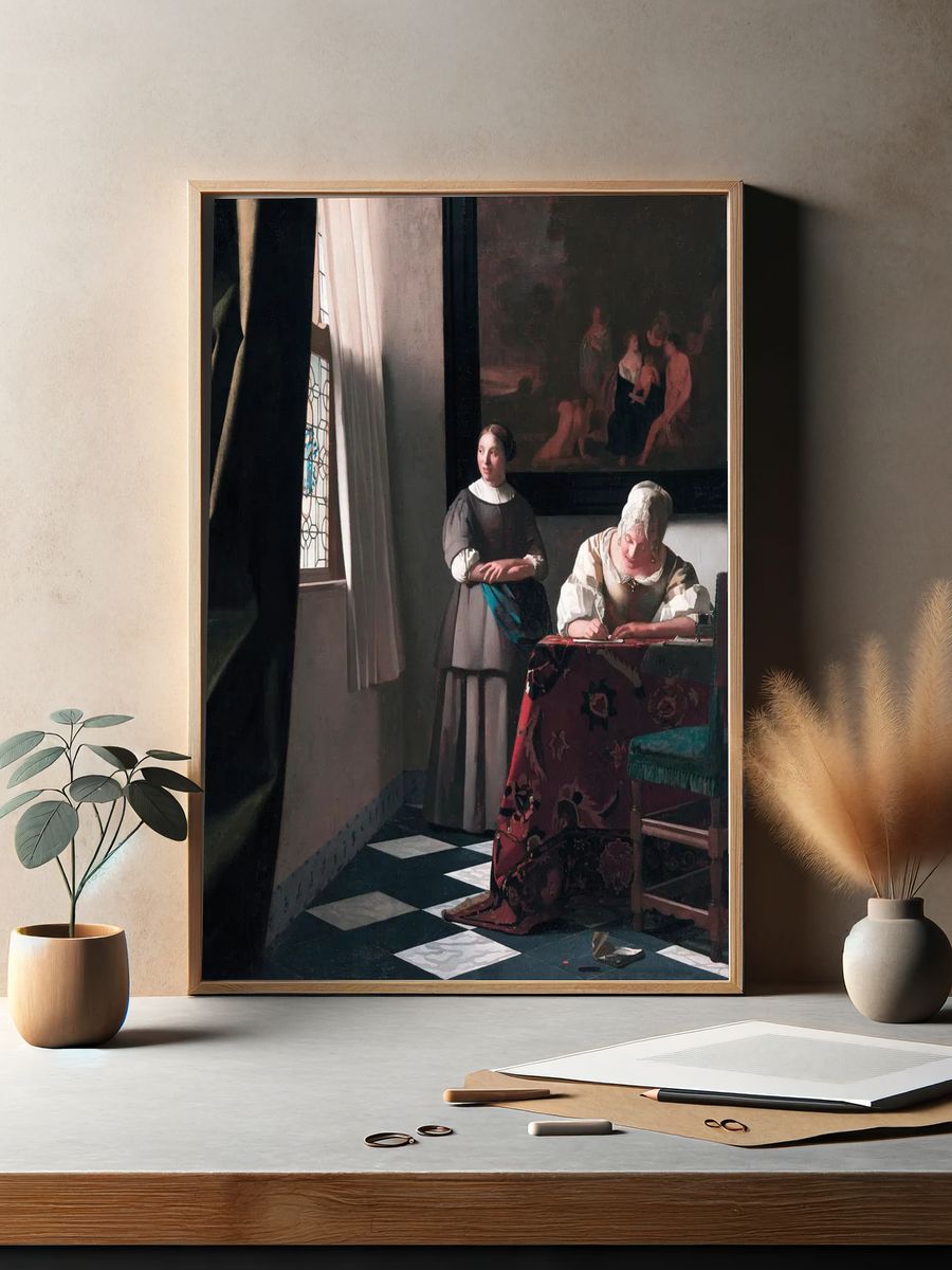 Lady Writing by Johannes Vermeer (1670) — Art Print. — room view 2