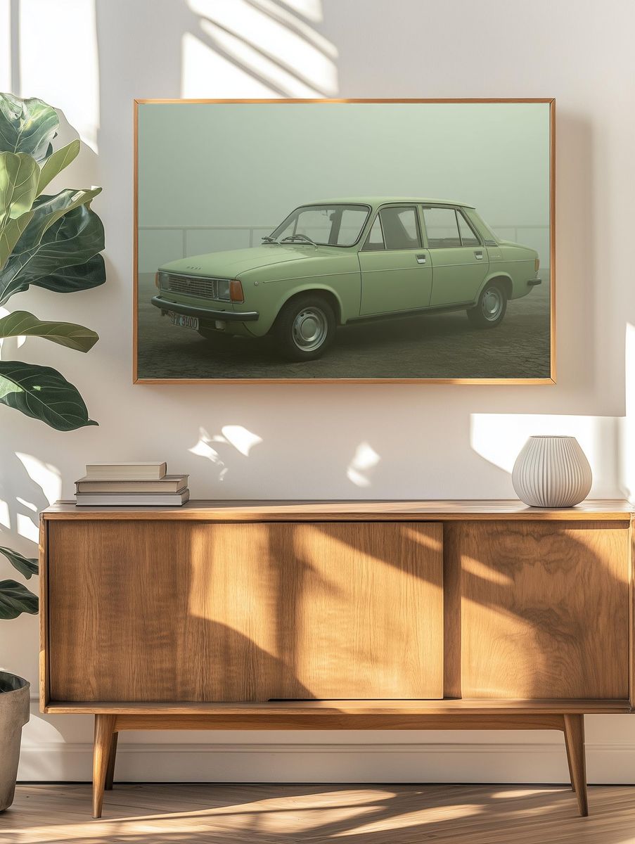 Vintage Green Car — Photography Print. — room view 3