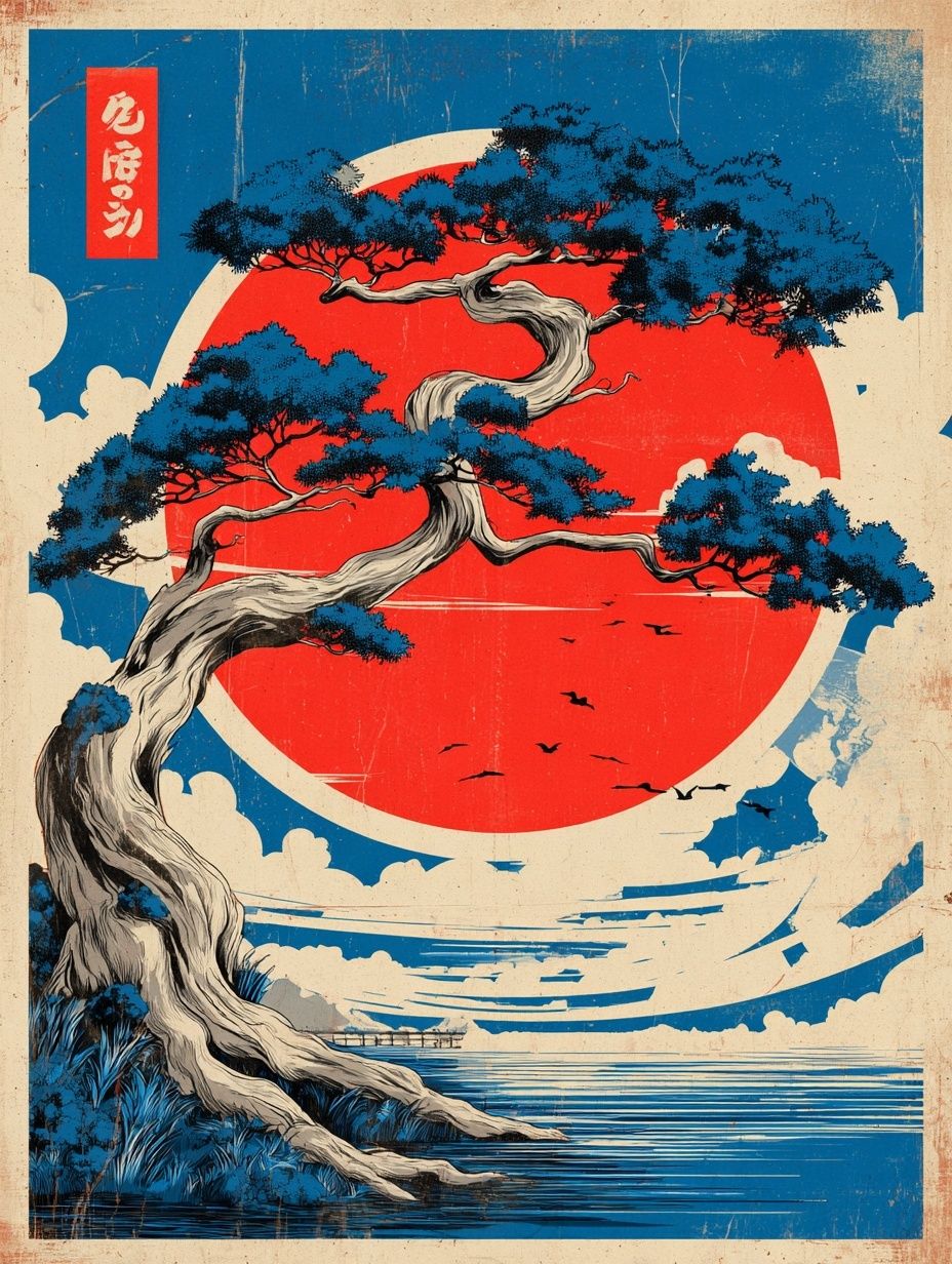 Japanese Pine Sunset Vintage Print. poster detail