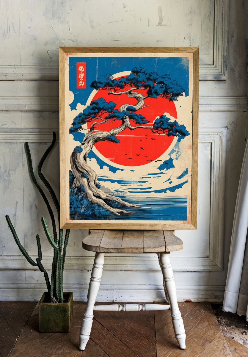 Japanese Pine Sunset Vintage Print. — room view 1