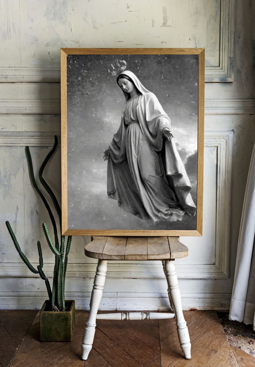 Virgin Mary in Clouds Photography Poster. — room view 1