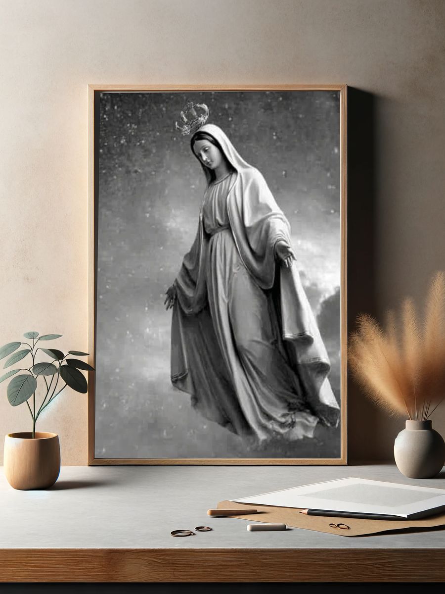 Virgin Mary in Clouds Photography Poster. — room view 2