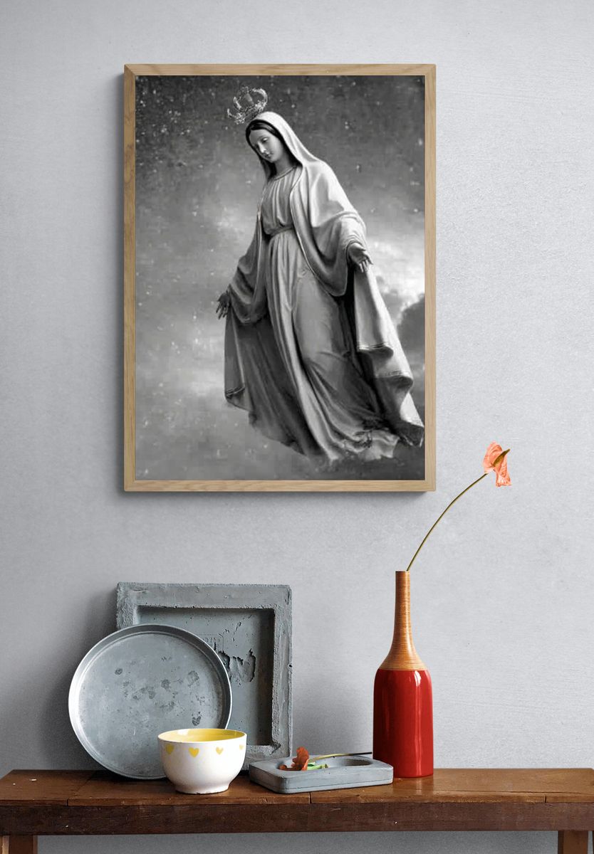Virgin Mary in Clouds Photography Poster. — room view 3