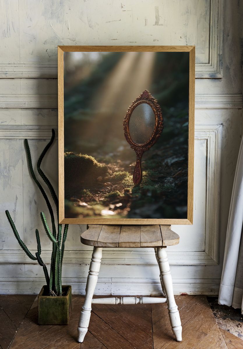 Vintage Mirror in Forest — Photography Print. — room view 1