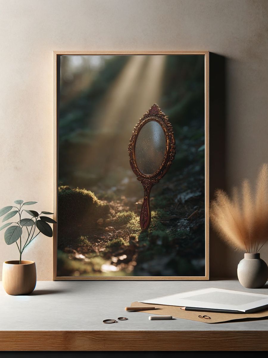 Vintage Mirror in Forest — Photography Print. — room view 2