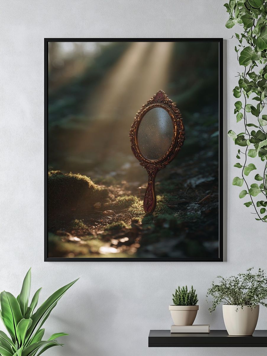 Vintage Mirror in Forest — Photography Print. — room view 4