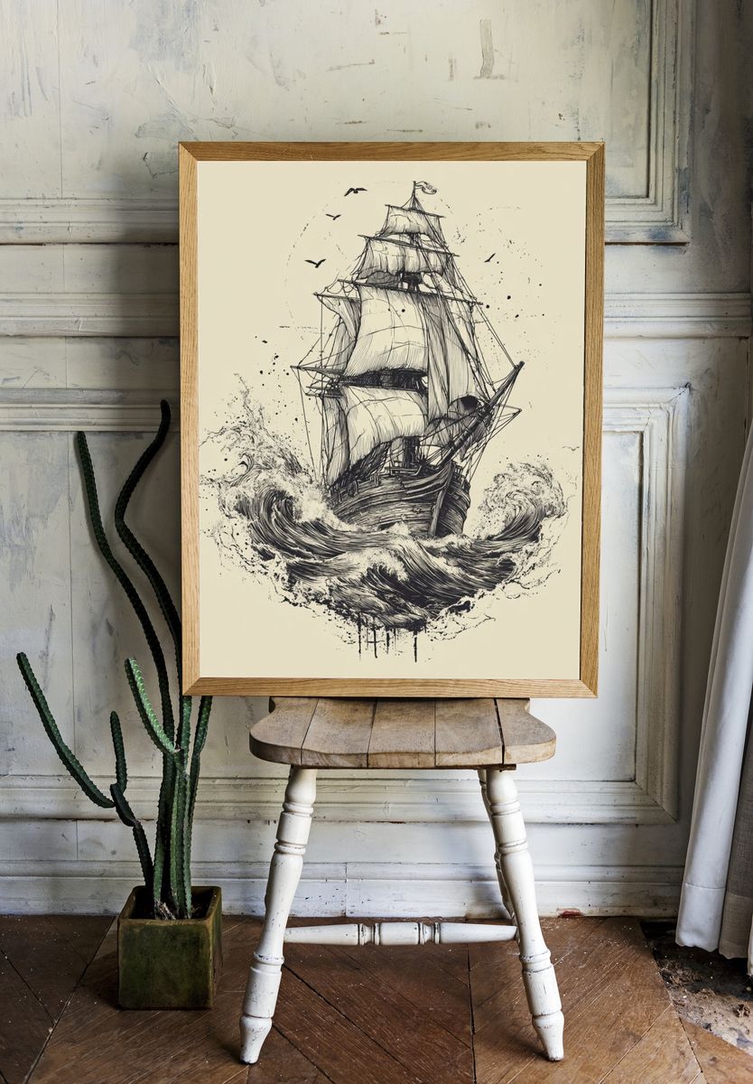 Vintage Ship Illustration Poster. — room view 1