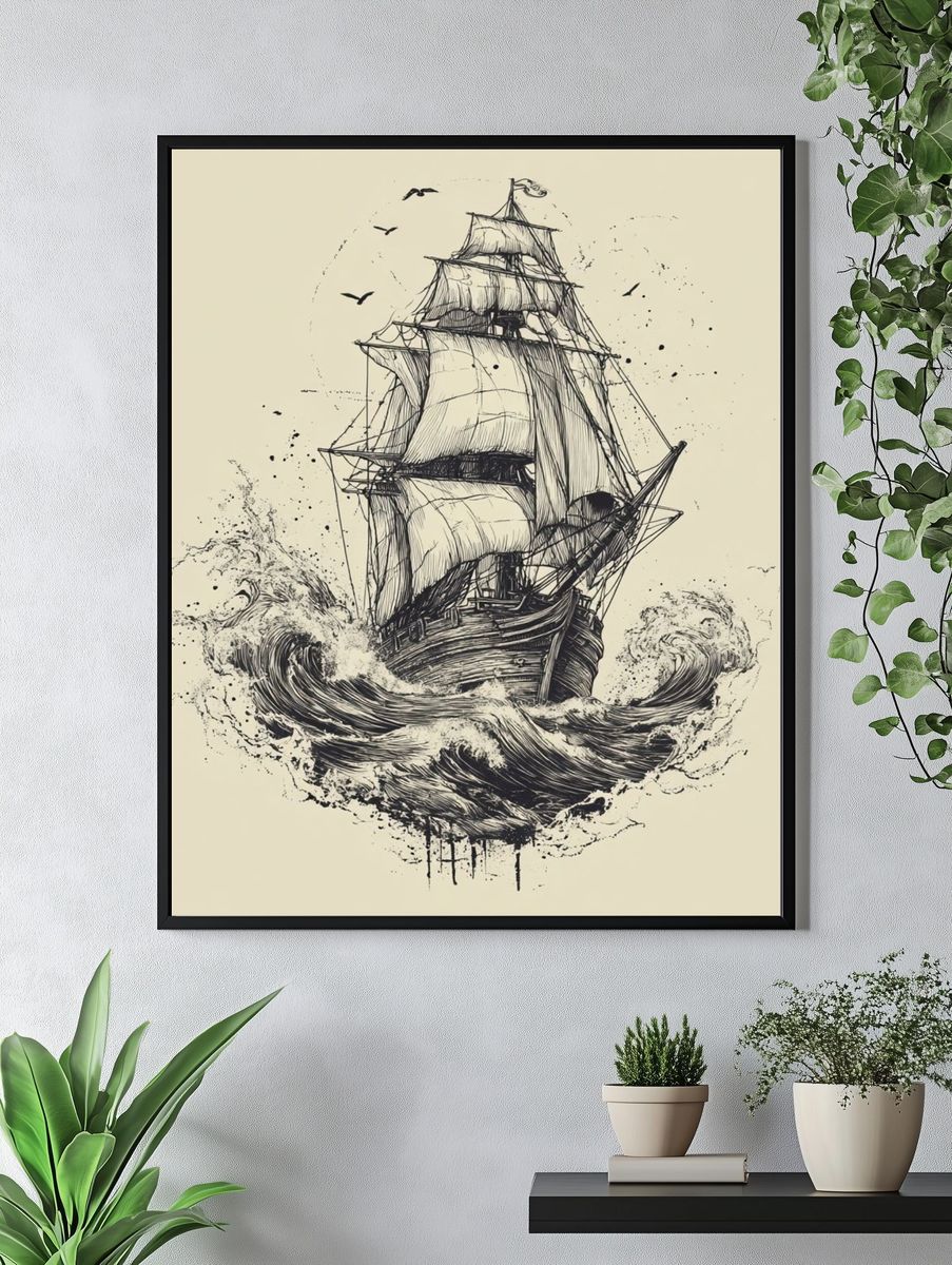 Vintage Ship Illustration Poster. — room view 4