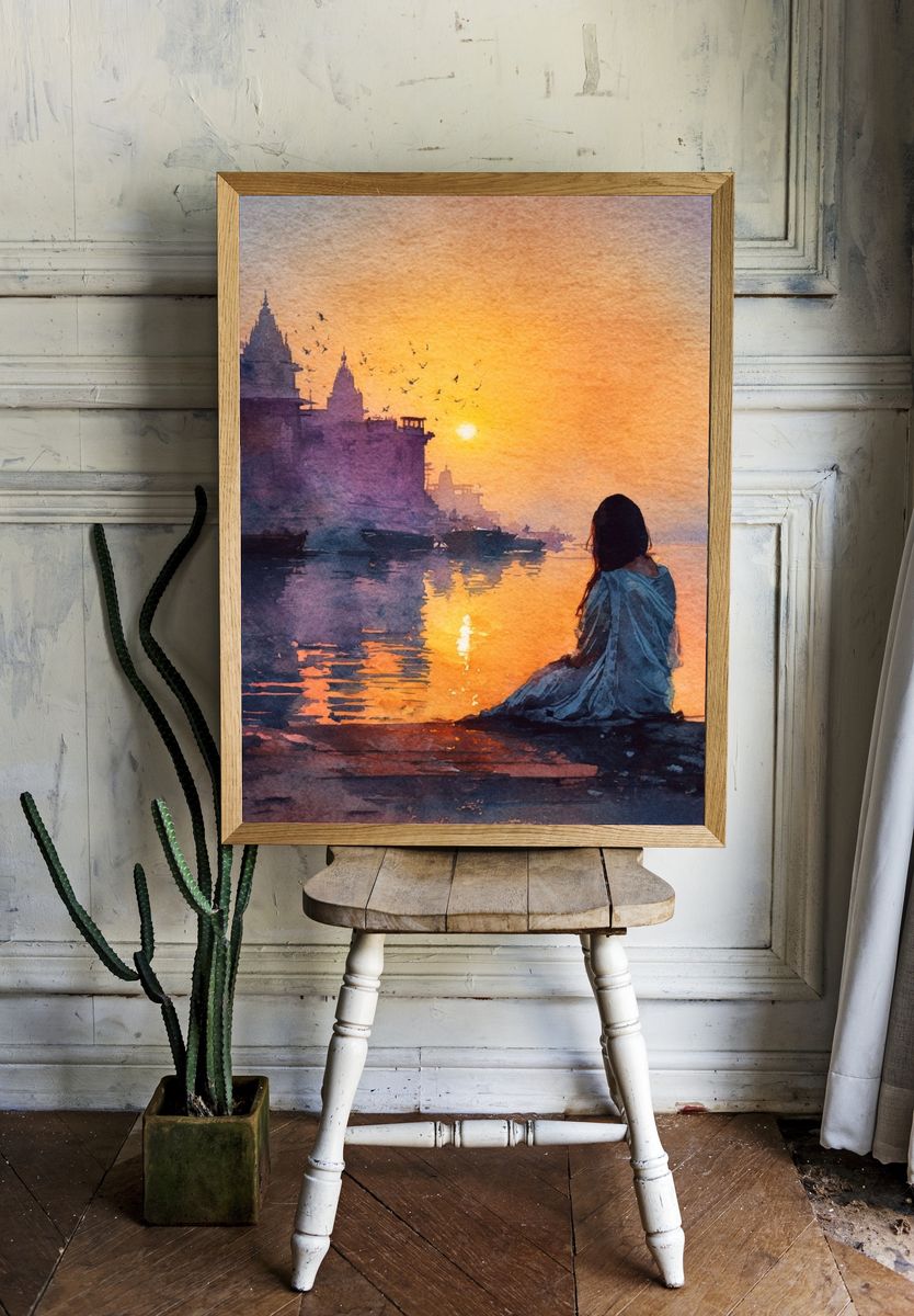 Sunset River Ghat Watercolor Print. — room view 1