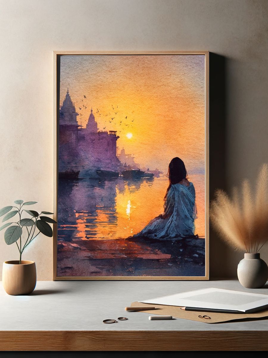 Sunset River Ghat Watercolor Print. — room view 2