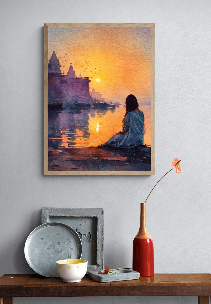 Sunset River Ghat Watercolor Print. — room view 3