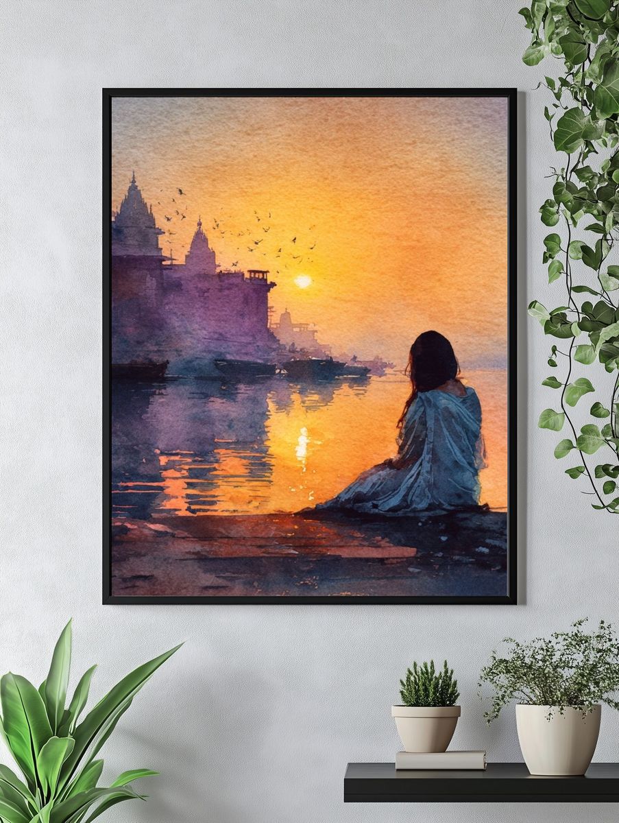 Sunset River Ghat Watercolor Print. — room view 4