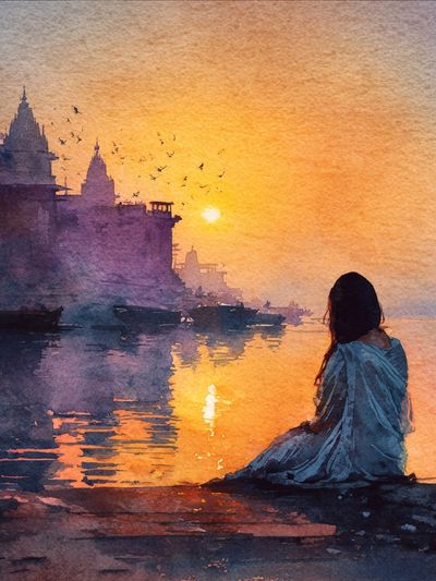 Sunset River Ghat Watercolor Print. poster print