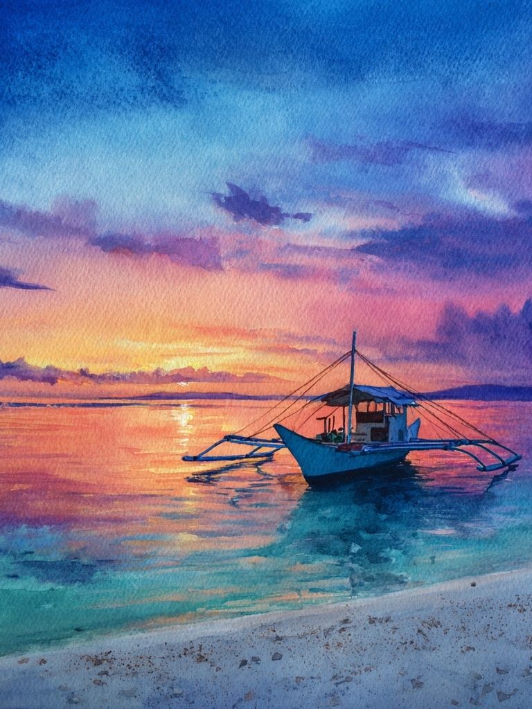 Sunset Boat Watercolor Print. poster detail