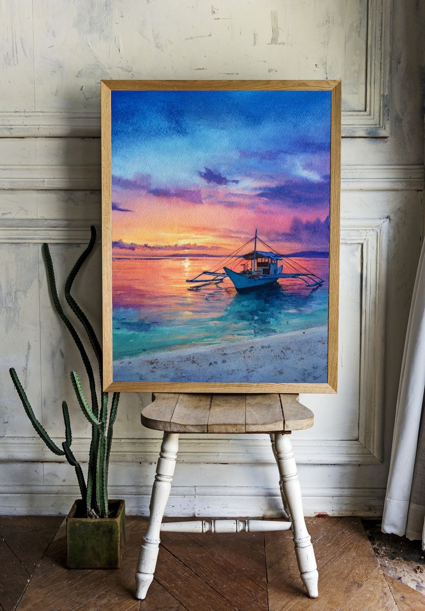 Sunset Boat Watercolor Print. — room view 1