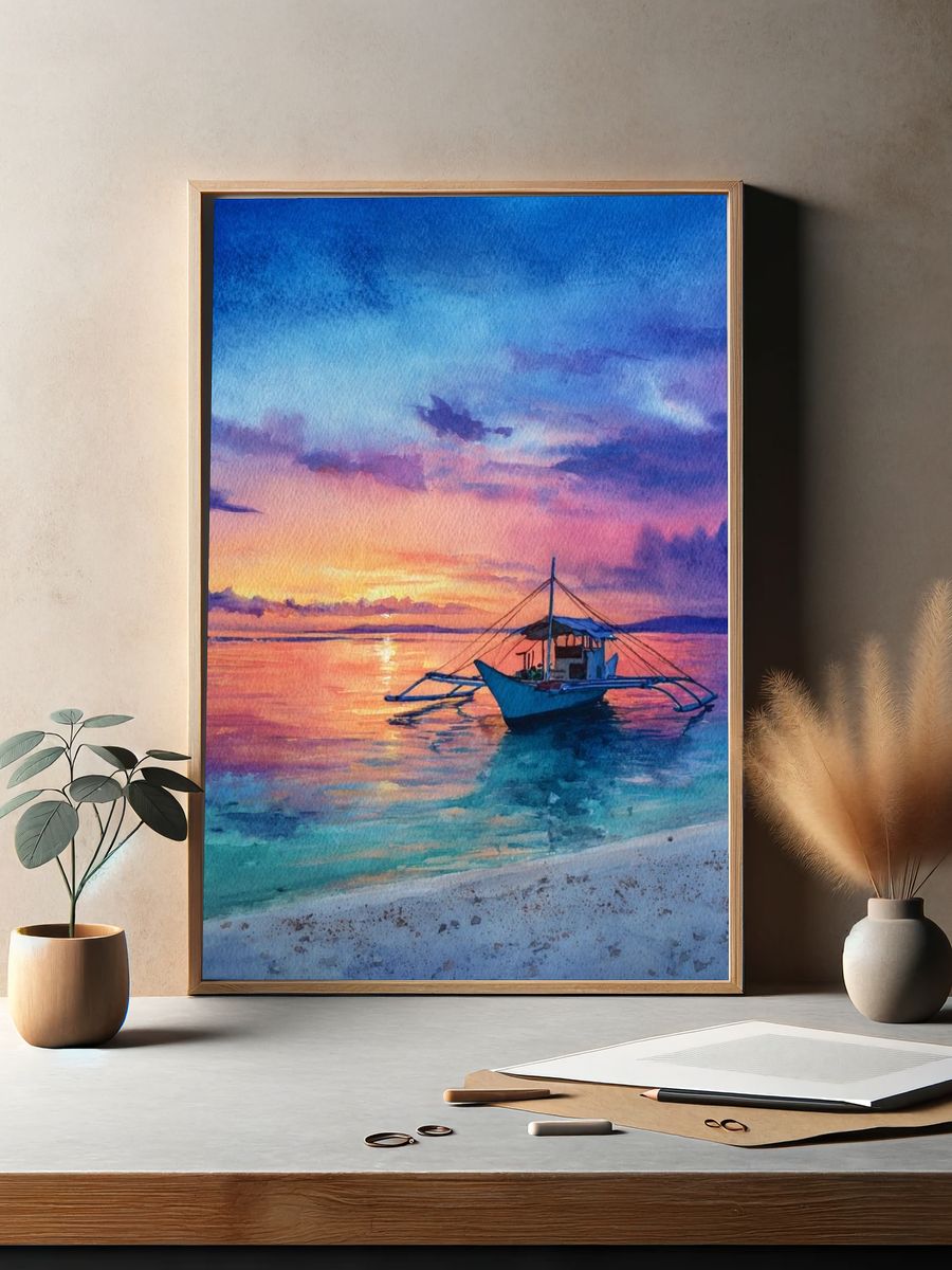 Sunset Boat Watercolor Print. — room view 2