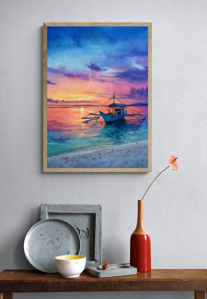 Sunset Boat Watercolor Print. — room view 3
