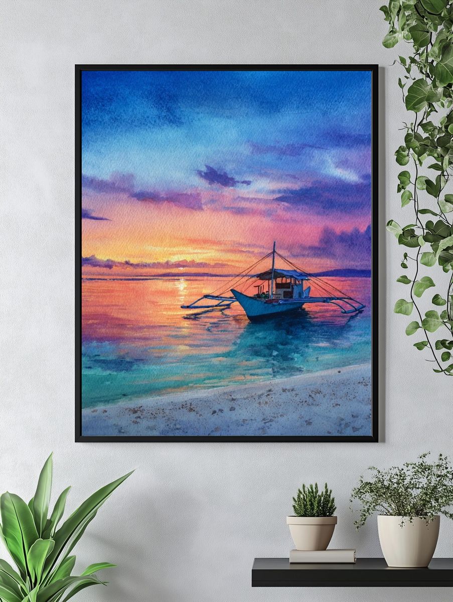 Sunset Boat Watercolor Print. — room view 4