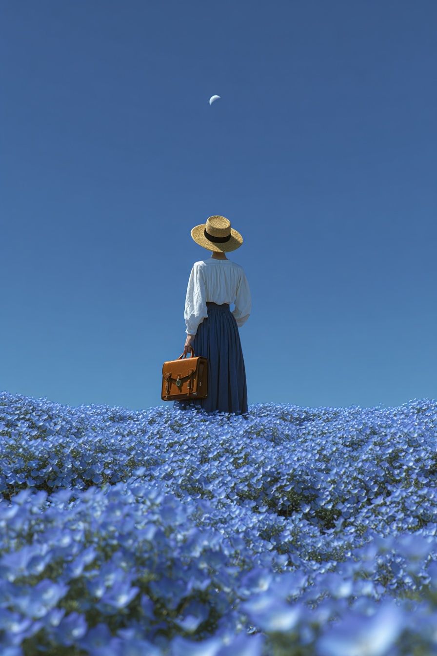Woman in Blue Flower Field — Photography Print. poster detail