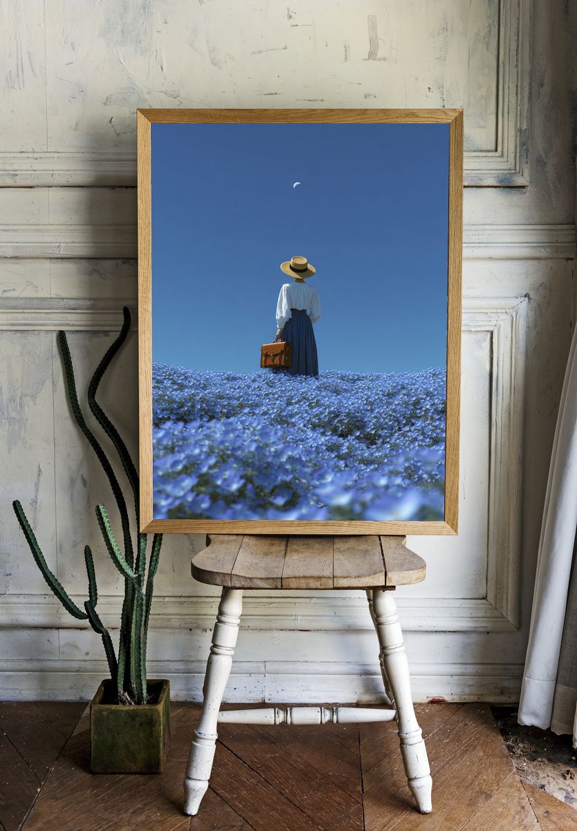 Woman in Blue Flower Field — Photography Print. — room view 1