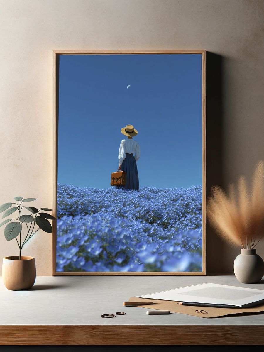 Woman in Blue Flower Field — Photography Print. — room view 2