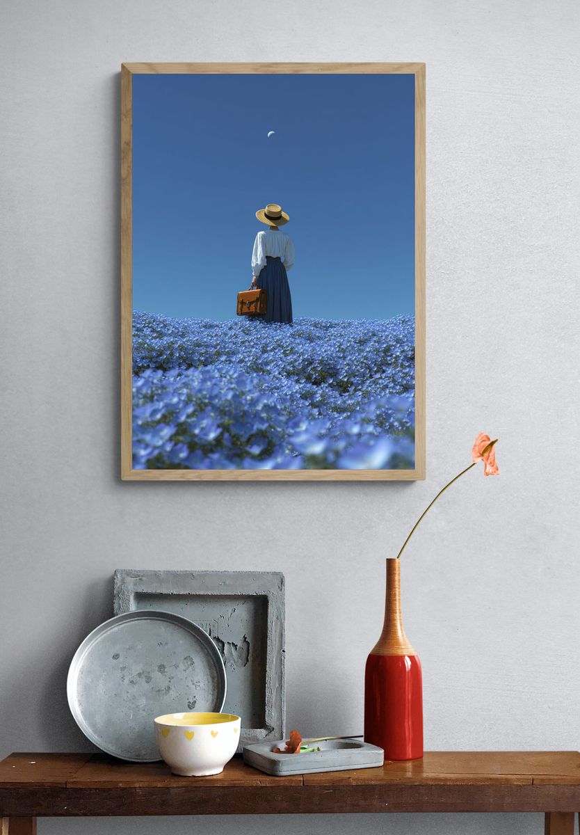 Woman in Blue Flower Field — Photography Print. — room view 3