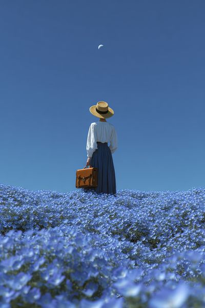 Woman in Blue Flower Field — Photography Print. poster