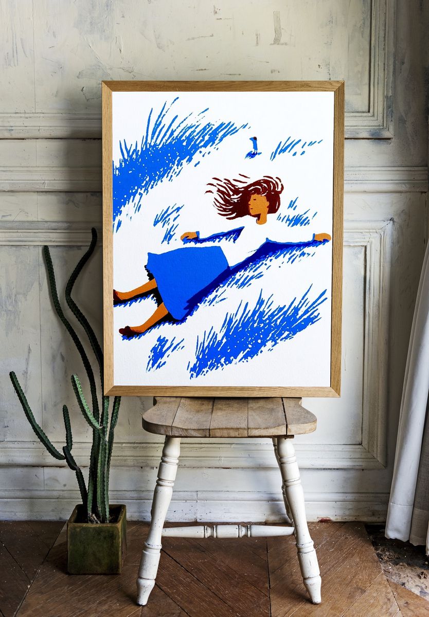 Woman in Blue Grass — Illustration Print. — room view 1