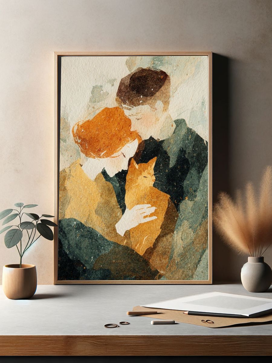 Couple with Cat — Watercolor Print. — room view 2