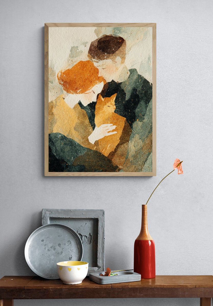 Couple with Cat — Watercolor Print. — room view 3