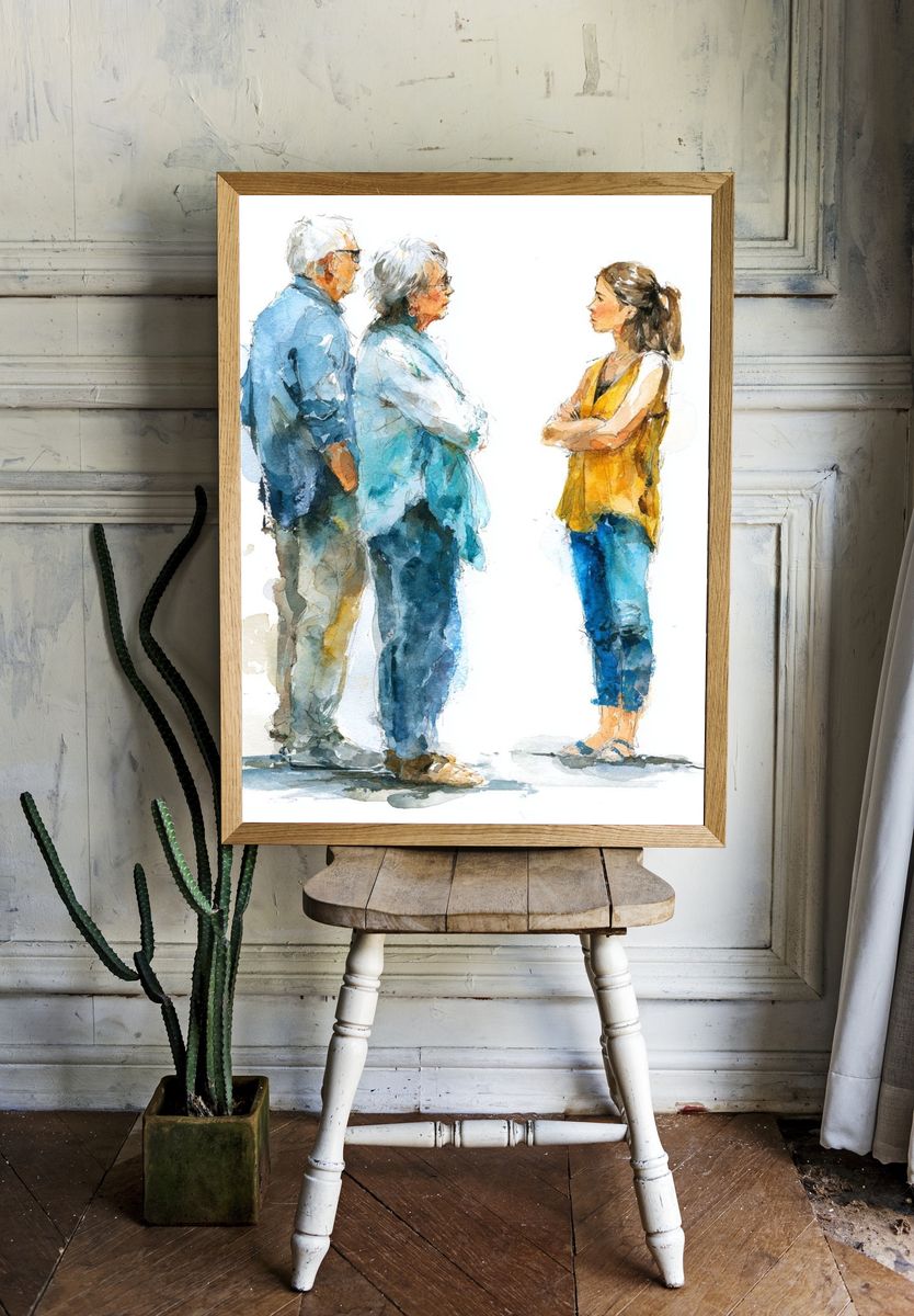 Watercolor Conversation Portrait Print. — room view 1