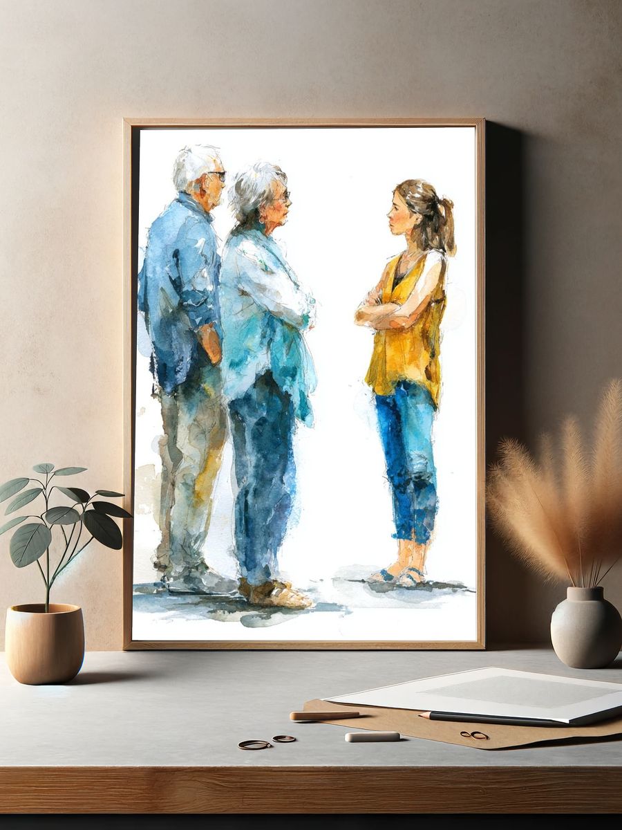 Watercolor Conversation Portrait Print. — room view 2