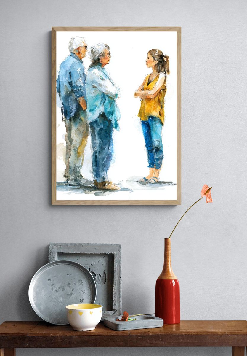 Watercolor Conversation Portrait Print. — room view 3