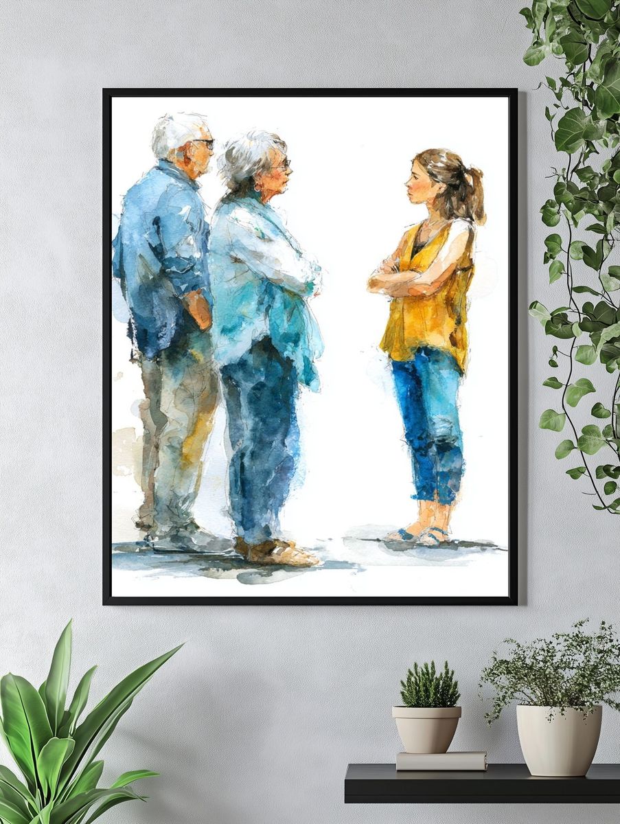 Watercolor Conversation Portrait Print. — room view 4
