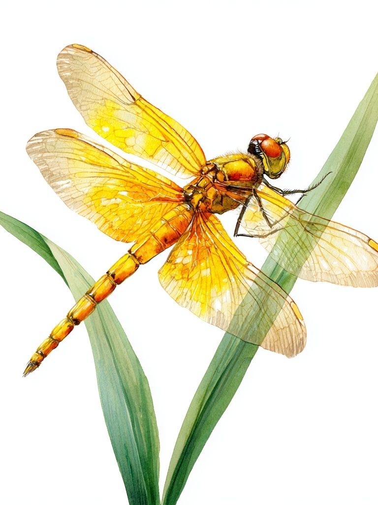 Yellow Dragonfly — Watercolor Print. poster — botanical art