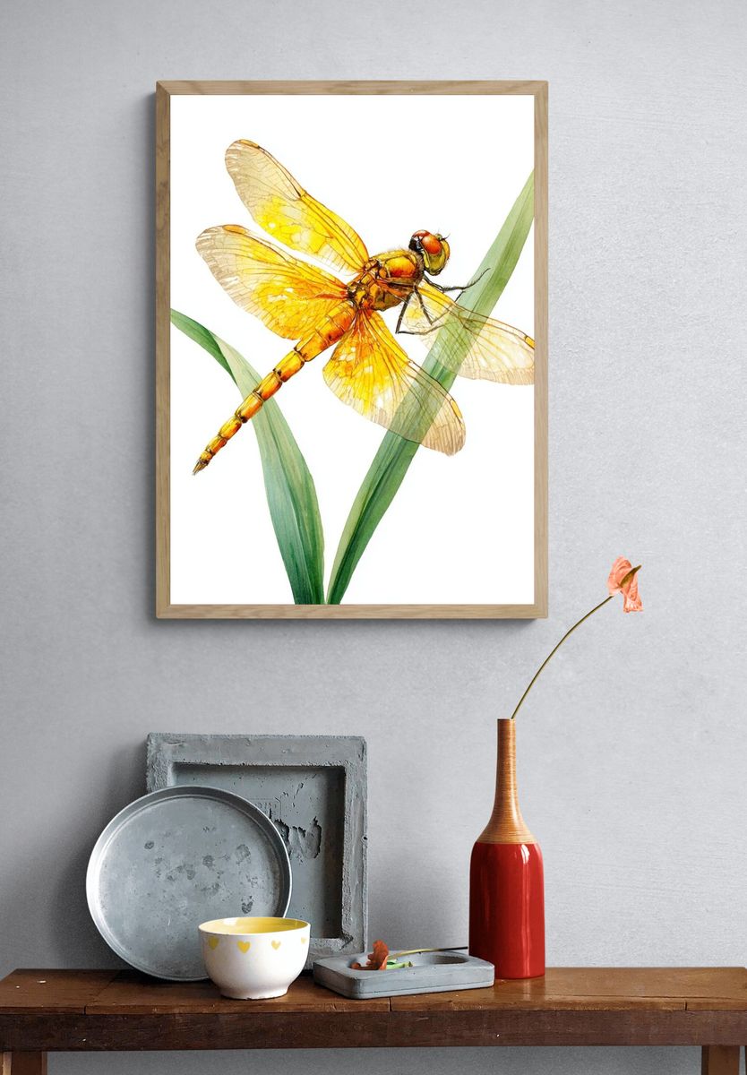 Yellow Dragonfly — Watercolor Print. — room view 3