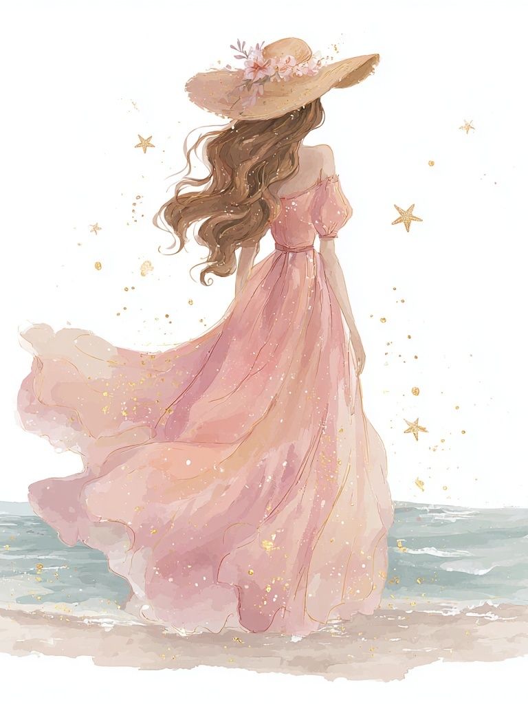 Girl in Pink Dress — Watercolor Print. poster — illustration art