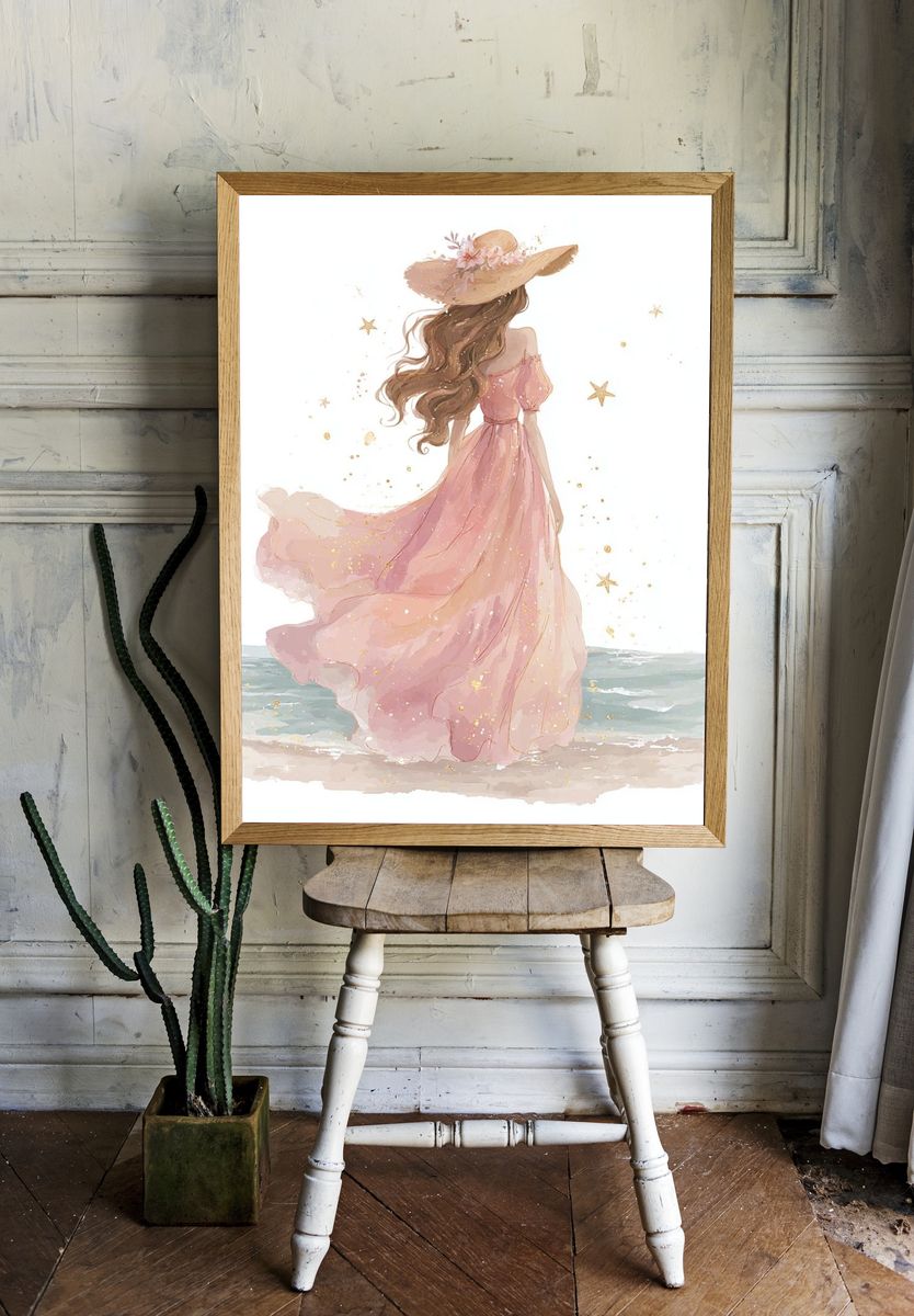 Girl in Pink Dress — Watercolor Print. — room view 1