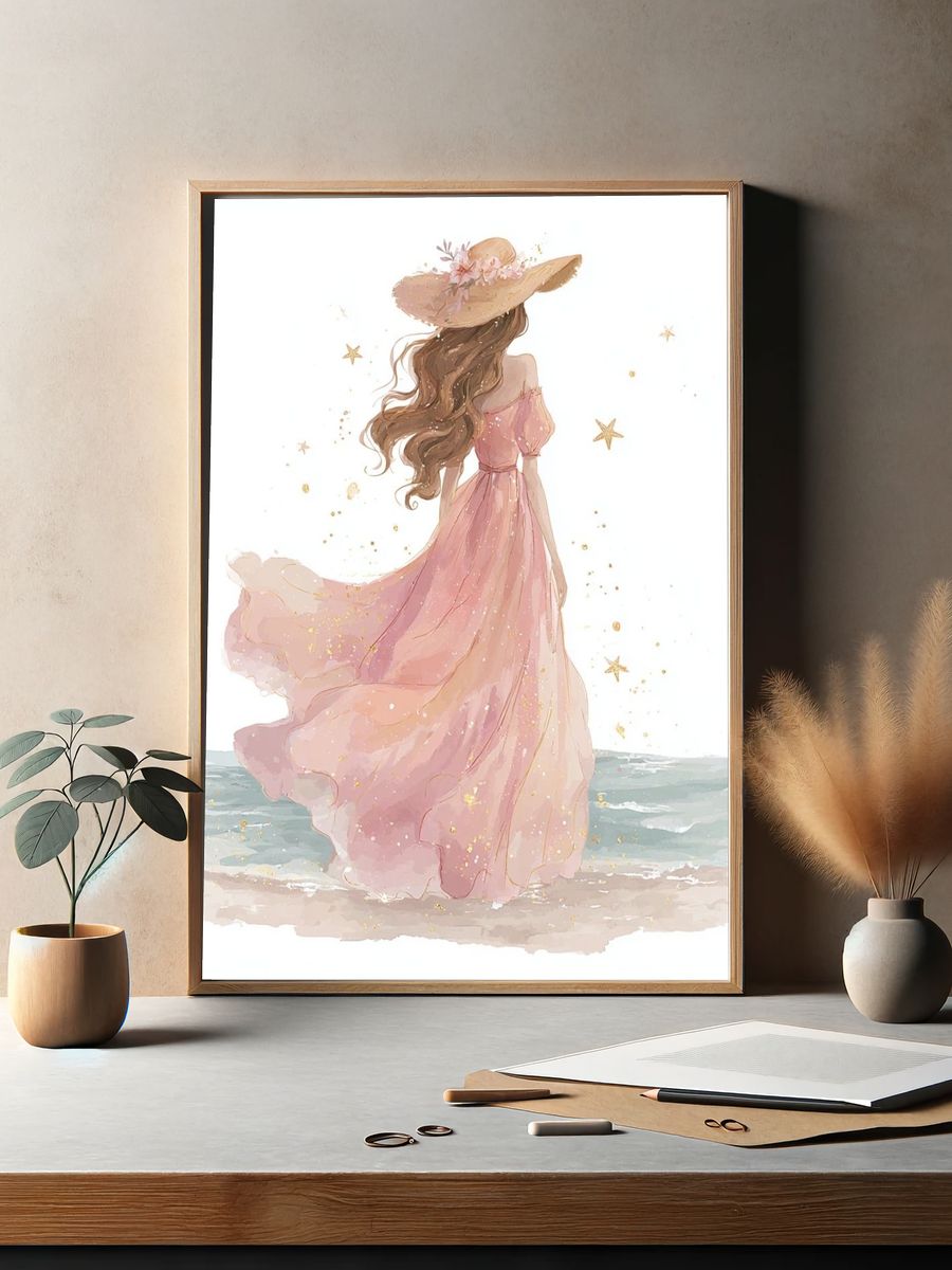 Girl in Pink Dress — Watercolor Print. — room view 2