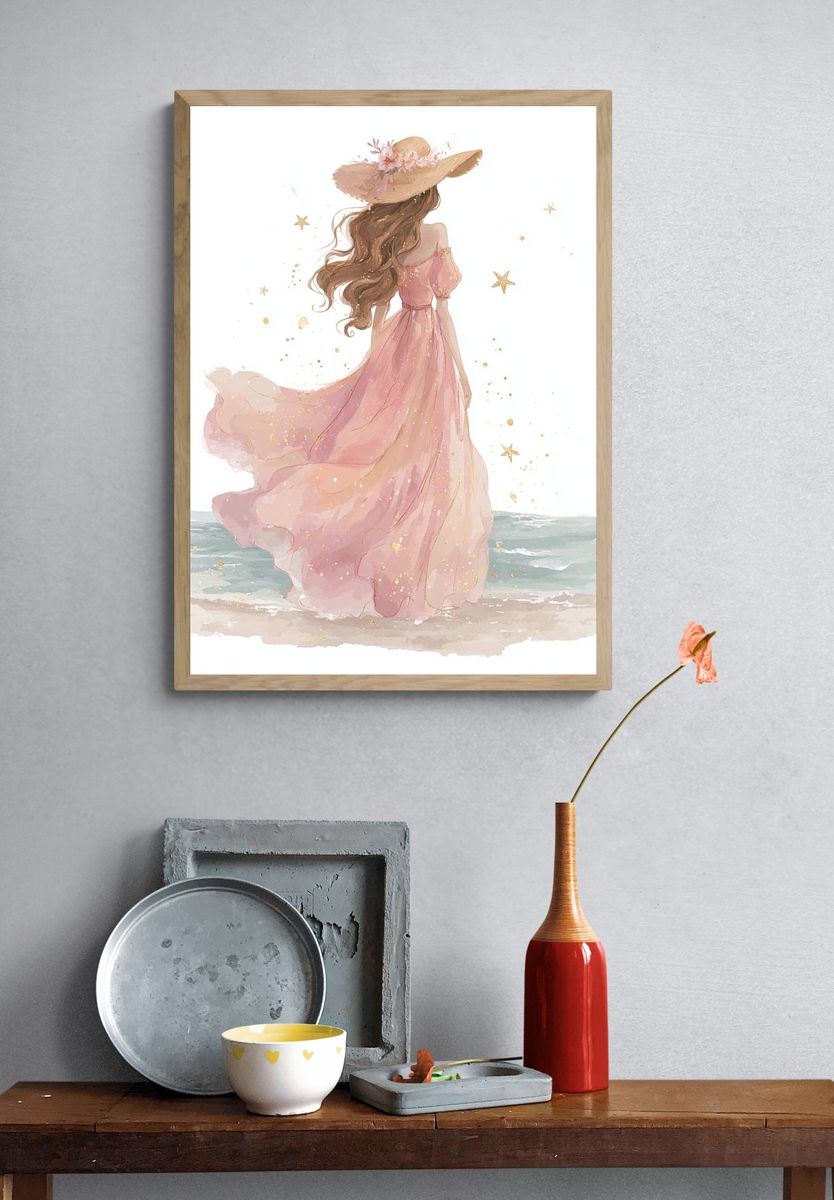 Girl in Pink Dress — Watercolor Print. — room view 3
