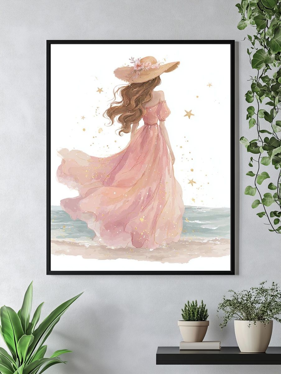 Girl in Pink Dress — Watercolor Print. — room view 4