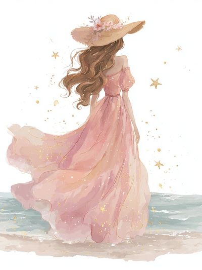 Girl in Pink Dress — Watercolor Print. poster