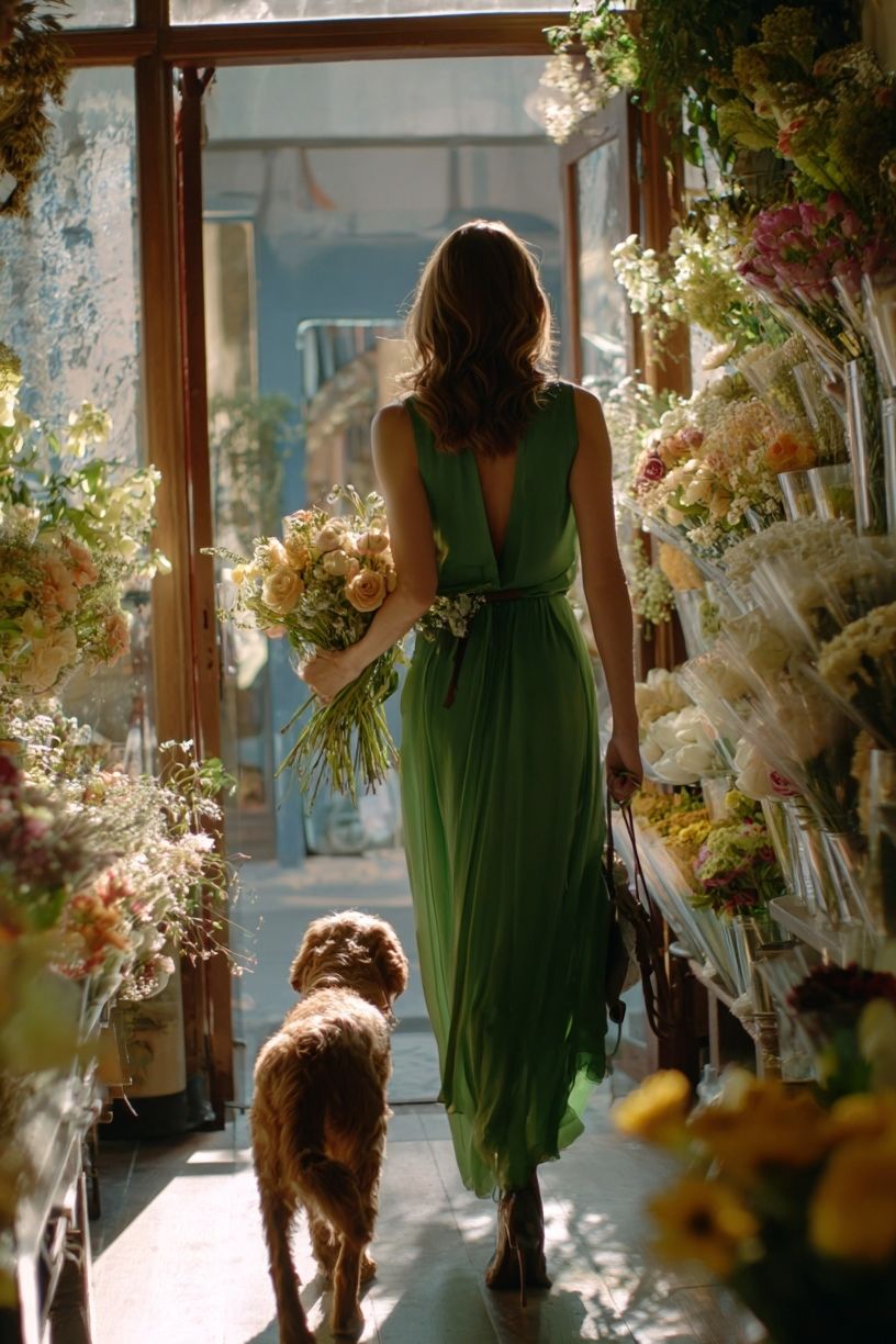 Woman in Green Dress with Dog — Photography Print. poster — photography art