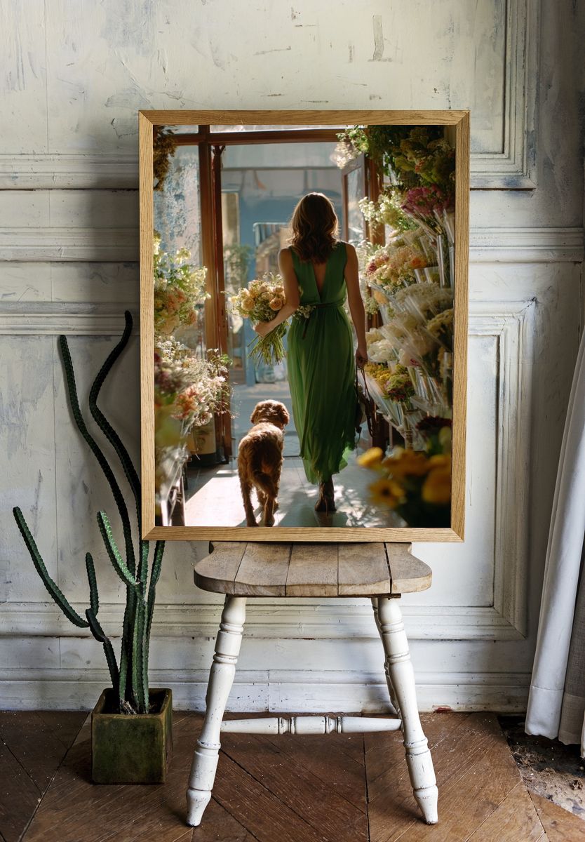 Woman in Green Dress with Dog — Photography Print. — room view 1