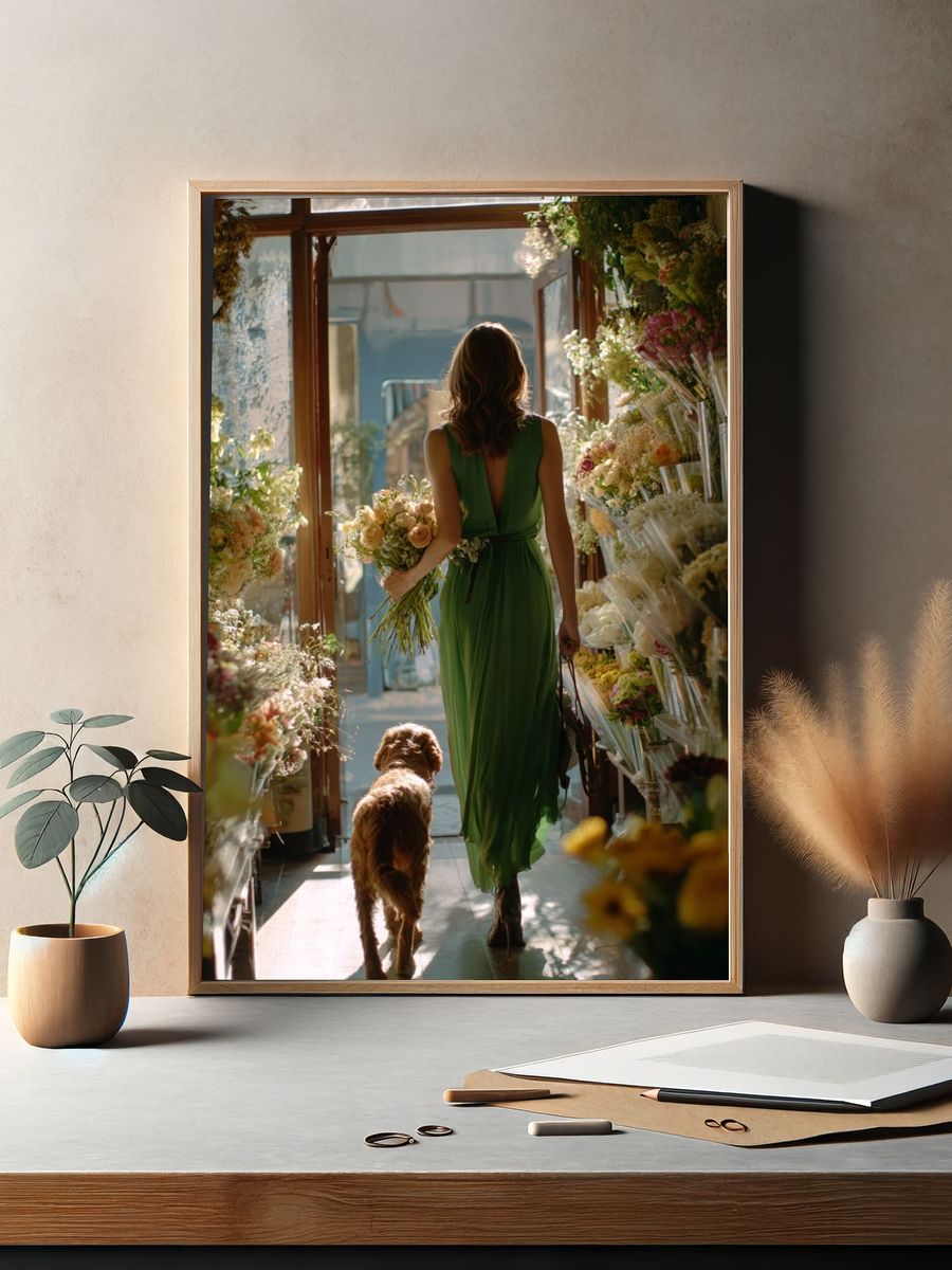 Woman in Green Dress with Dog — Photography Print. — room view 2