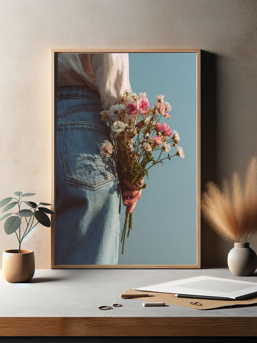 Woman Holding Flowers — Photography Print. — room view 2