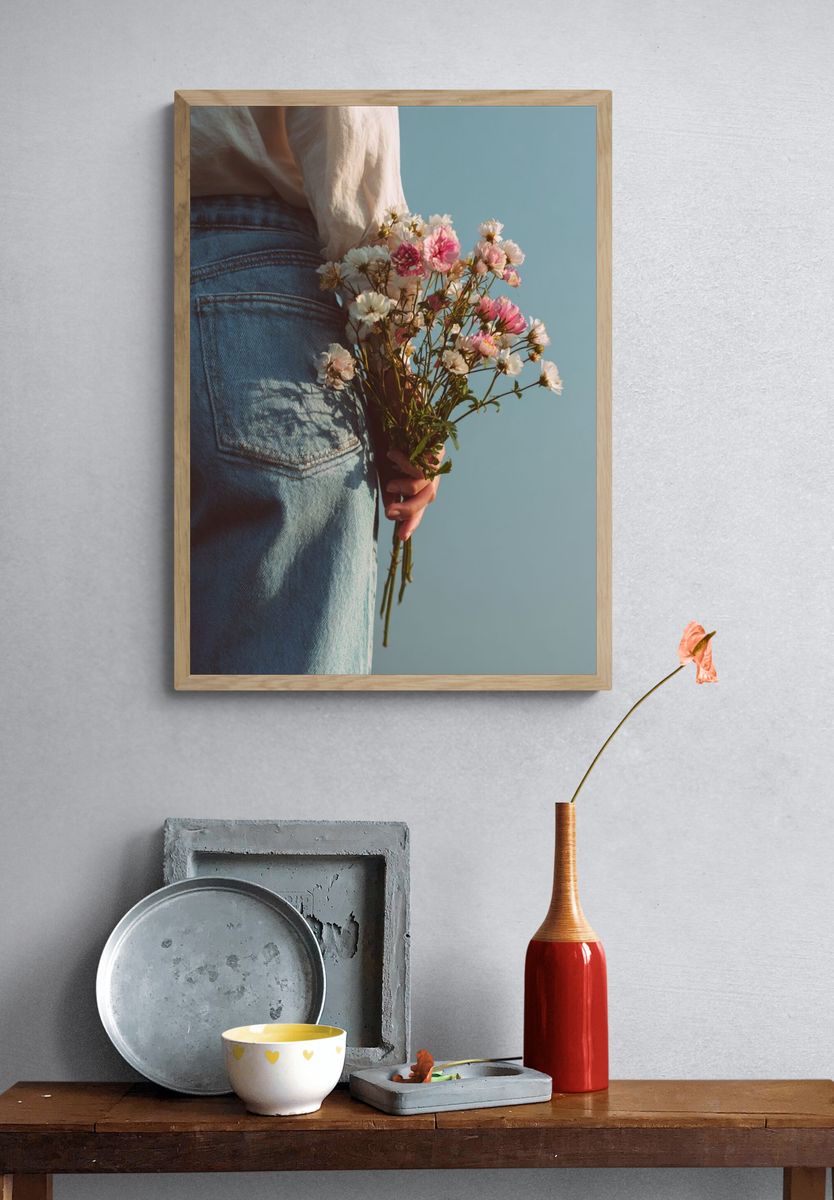 Woman Holding Flowers — Photography Print. — room view 3