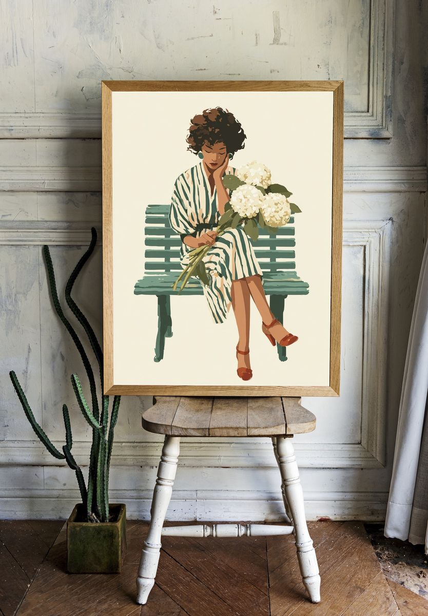 Woman with Hydrangeas — Illustration Print. — room view 1